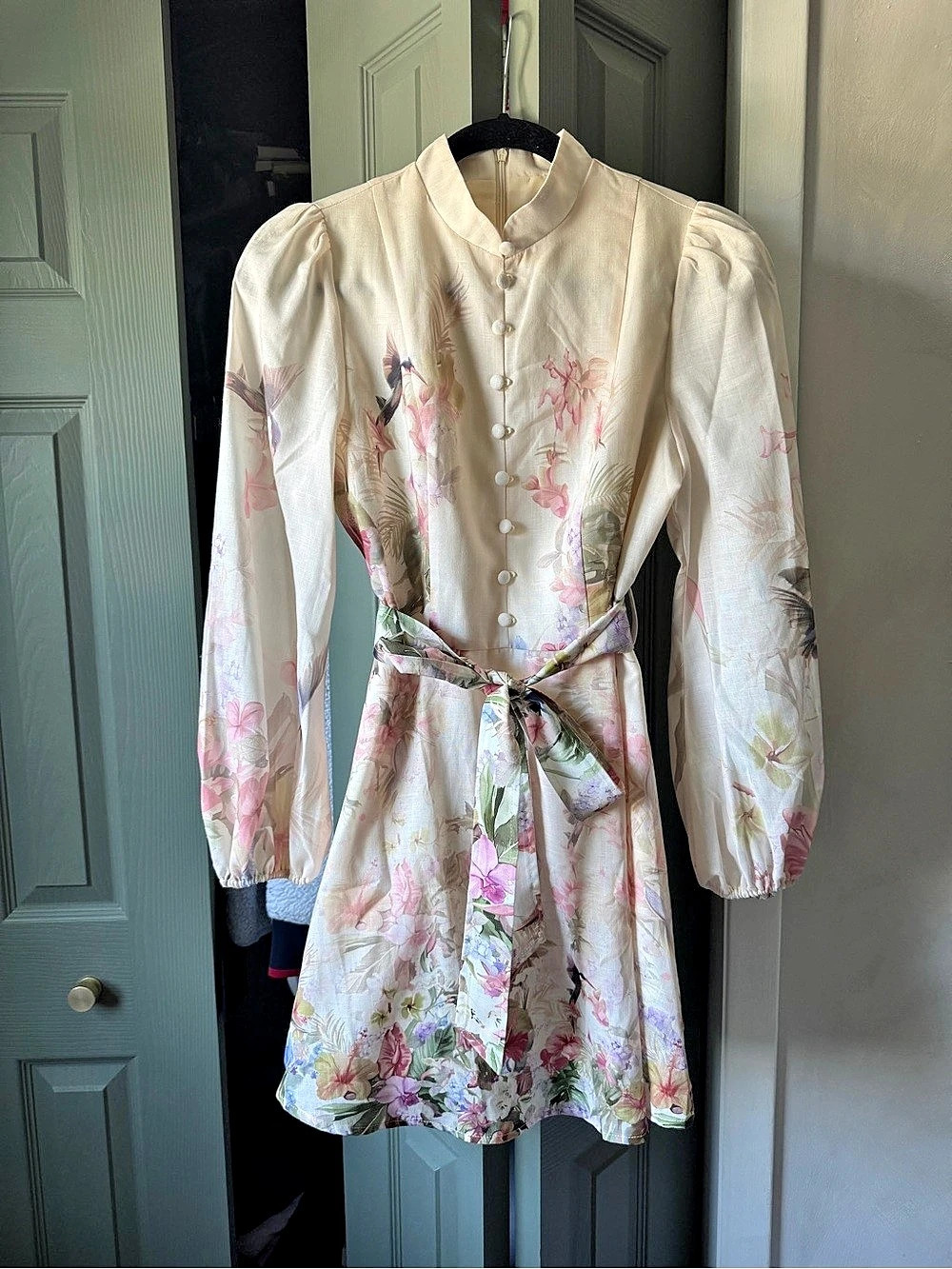 COMMENSE Floral Bird Print Wrap Tie Mini Dress Cream & Pink NWT